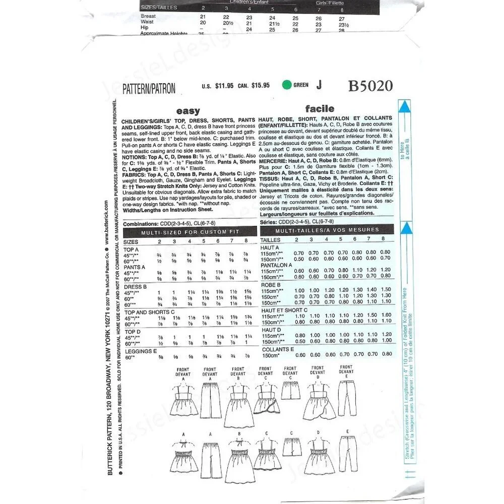Butterick Sewing Pattern 5020 Top Dress Shorts Pants‎ Leggings Child Size 6-8